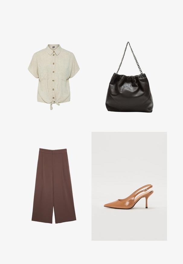 Svetlo bež srajca s kratkimi rokavi in gumbi, izdelana iz teksturiranega materiala, z vezanim sprednjim delom, okroglo obrobo in rjavimi gumbi.; Rjave široke hlače z gladko teksturo, ki imajo visok pas in sprednje naborke. Tkanina je lahka in prosto pada.; Slinčaste pete z ostro konico v gladkem, sijočem bež materialu. Imajo ukrivljen rez in vitko stiletto peto. Podrobnost s srebrno zaponko.; Rjava usnjena torba z nabranim vrhom in verižnim trakom. Gladka tekstura z sijajno površino in subtilnimi šivi na straneh.