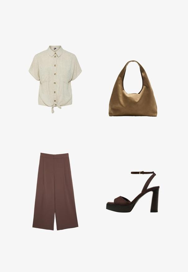 Svetlo béžová košeľa na gombíky s krátkym rukávom z textúrovanej látky, so zviazaným predným dielom, zakriveným spodným okrajom a hnedými gombíkmi.; Hnedé nohavice so širokými nohavicami a hladkou textúrou, s vysokým pásom a prednými skladmi. Tkanina je ľahká a voľne sa pohybuje.; Hnedé semišové sandále na vysokom podpätku s otvorenou špičkou, nastaviteľným členkovým remienkom a pruhovanou platformovou podrážkou.; Hnedá látková taška cez rameno s širokým, zaobleným telom a veľkým vyrezaným uchom. Mäkčená textúra, minimalistický dizajn a bez viditeľného kovania.