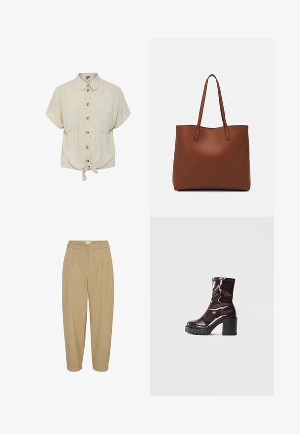 Világos bézs színű, rövid ujjal ellátott gombos ing texturált anyagból, elöl megkötős kialakítással, kerekített hemmer és barna gombokkal.; Kaki színű, testre szabott fazonú nadrág, magas derékkal, két elülső pincekivágással és szűkülő lábszárral; sima anyag, minta és díszítések nélkül.; Fényes bordó bokacsizma vastag fekete sarokkal, sima felülettel és egyszerű dizájnnal. Nincsenek látható zárak vagy minták.; Barna bőr vászontáska sima textúrával, nyitott tetejű dizájnnal és két vállpánttal. Minimális varrással és látható hardver nélkül készült.