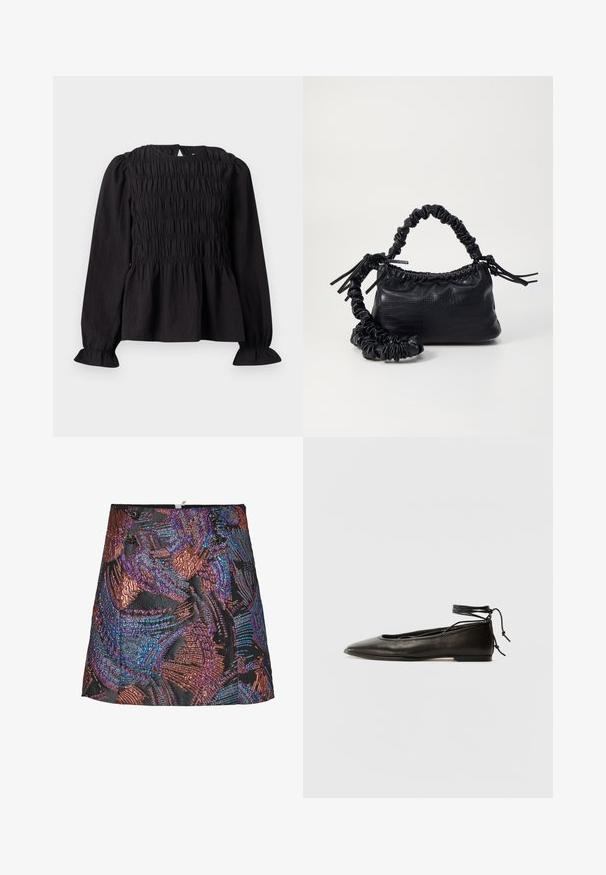 Svart bluse med lange ermer, med smocket tekstur, rund halslinning og utsvingte mansjetter. Har en nøkkelhullåpning bak og en samlet midje-design.; Metallisk miniskjørt med en teksturert mønster i sterke nyanser av lilla og bronse, med en svart base og dekorative knapper i livet.; Svarte lær balletflater med spiss tå, ankelbånd og flat såle, som har en glatt tekstur og minimalistisk design.; Svart faux skinn-håndveske med krokodilletekstur, strammet topp og en rynket stropp. Ser myk og kompakt ut i designen.