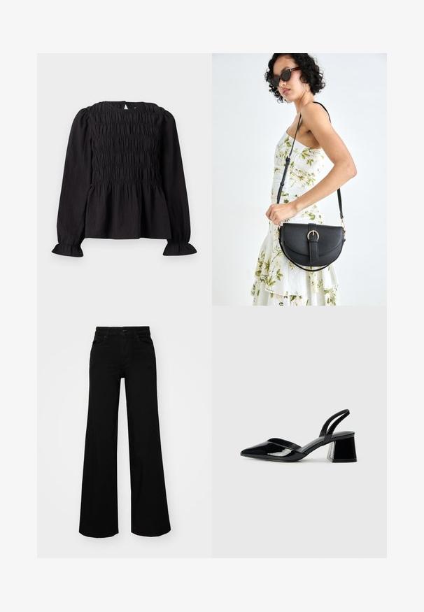 Melnas garām piedurknēm blūze ar smocks tekstūru, apaļu kakla izgriezumu un plati izstrādātiem piedurknēm. Ar atslēgvārda aizmugures atveri un savākta jostas dizainu.; Melni plaša kāju bikses, izgatavotas no džinsa, ar strukturētu jostu, jostu cilpiņām un priekšējām kabatām. Gluda tekstūra ar klasisku dizainu.; Melna lakota āda ar atvērto papēdi, ar smailu purngalu un ģeometrisku blokpapēdi. Iezīmējas elegants, minimāls dizains un gluda tekstūra.; Melnas ādas rokassoma ar izliekta formu, noņemamu siksnu un zelta aksesuāriem. Somai ir vāciņš ar sprādzes detaļu.