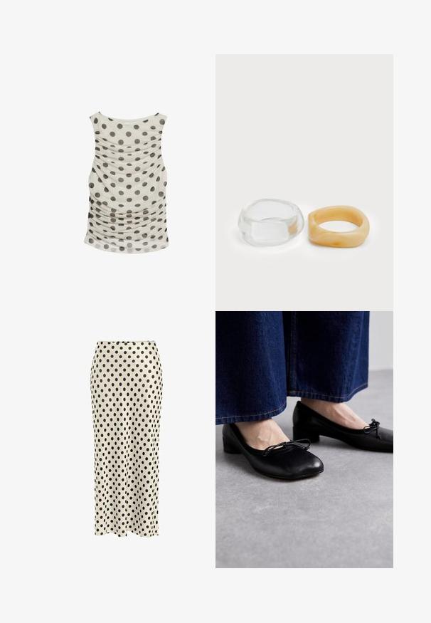 Top w kolorze kremowym z dużymi szarymi kropkami. Posiada marszczony materiał po bokach, szerokie ramiączka oraz zaokrąglony dół.; Sukienka midi z satyny w kremowym kolorze w czarne kropki, charakteryzująca się elegancką, prostą sylwetką i gładką fakturą.; Czarne skórzane buty z kwadratowym noskiem i małym obcasem, z dekoracyjną kokardą z przodu. Noszone z ciemnoniebieskimi spodniami dżinsowymi.; Jasne i bursztynowe pierścionki z żywicy, jeden gładki i przezroczysty, drugi z teksturowanym, bursztynowym wykończeniem. Oba mają zaokrąglone, masywne kształty.