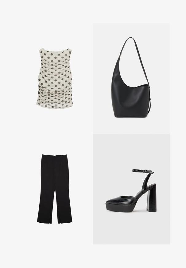 Topp i kremliknande färg med stora gråa prickar. Har en rynkad struktur på sidorna, breda axelband och en rundad nederkant.; Svarta byxor med rak passform, utrustade med framfickor och sidoklyvningar vid fållen. Tillverkade av mjukt, slätt tyg. Lämpliga för olika tillfällen.; Svarta plattformsskor med spetsig tå och justerbart vristband. Tillverkade av mjukt läder, med en kraftig blockklack.; Svart läder hobo-väska med en slät textur, kurvig form och en justerbar axelrem; har en bred öppning upptill.