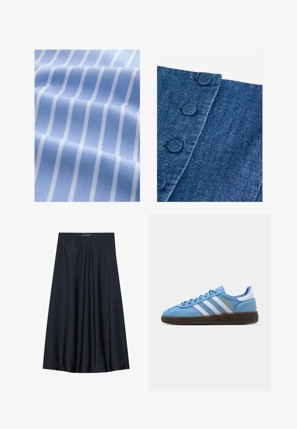 Tessuto azzurro chiaro con strisce verticali bianche, texture liscia e finitura leggermente lucida, piegato per mostrare profondità e dettagli del motivo.; Tessuto di denim di colore blu scuro con una finitura testurizzata. Presenta bottoni rotondi rivestiti in tessuto lungo il bordo e un dettaglio di cucitura diagonale.; Gonna nera al ginocchio realizzata in tessuto leggero con un design fluido. Presenta una texture morbida e pieghe sottili per un tocco di dettaglio in più.; Sneakers in suede azzurro chiaro con strisce in pelle bianca, suola marrone texturizzata e dettaglio logo dorato. Design basso con punta tonda.