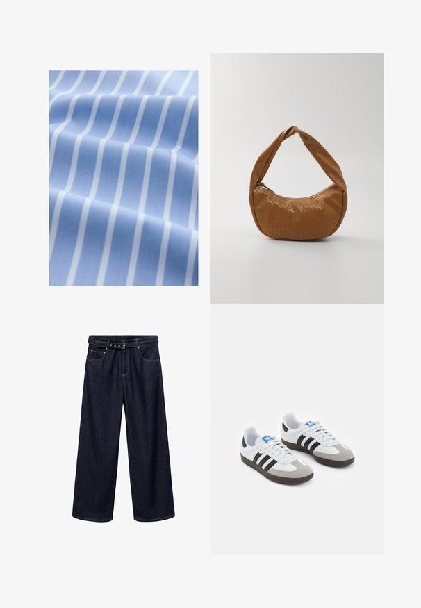 Lichtblauwe stof met witte verticale strepen, zachte textuur en een iets glanzende afwerking, gevouwen om diepte en patroon details te tonen.; Donkerblauwe wijde jeans van denim. Voorzien van een ceintuurband met meerdere knopen, voorkruiszakken en een nette afwerking aan de zoom.; Sportschoenen met een witte leren bovenkant, grijze suède neus en drie zwarte strepen. Bevat een blauw logo op de tong en een gestructureerde rubberen zool.; Geweven leren handtas in bruin, ovale vorm met een dikke gevlochten handgreep, voorzien van een ritssluiting en een glanzende textuur.