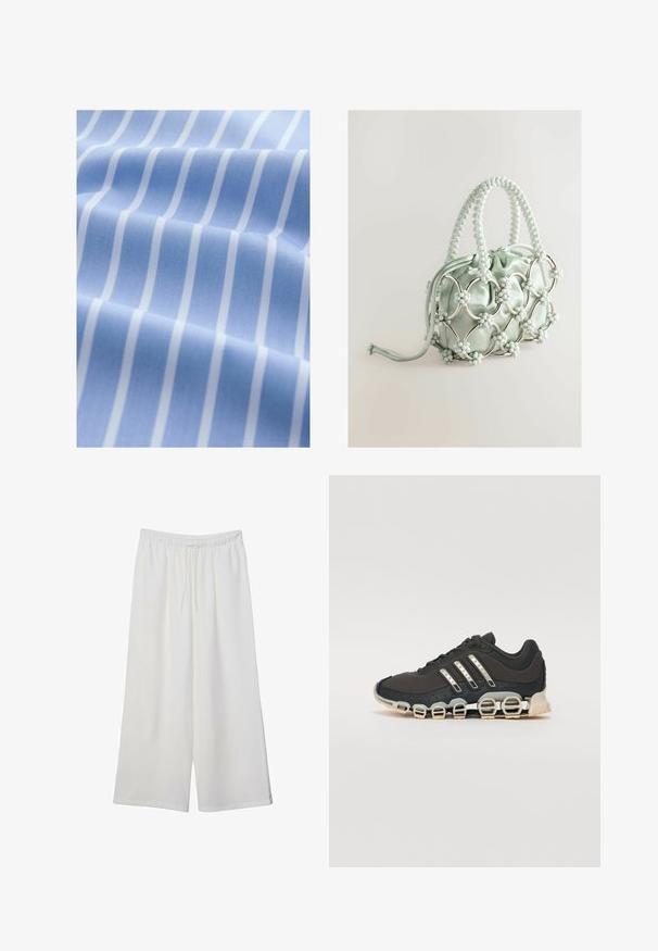 Light blue fabric with white vertical stripes, smooth texture, and slightly lustrous finish, folded to show depth and pattern detail.; White wide-leg trousers made of lightweight fabric, featuring an elastic waistband and a drawstring for adjustable fit. Smooth texture.; Black athletic shoe with a textured upper, three silver stripes, and a distinctive cushioning sole featuring multiple integrated sections.; Next Handbag - blue
