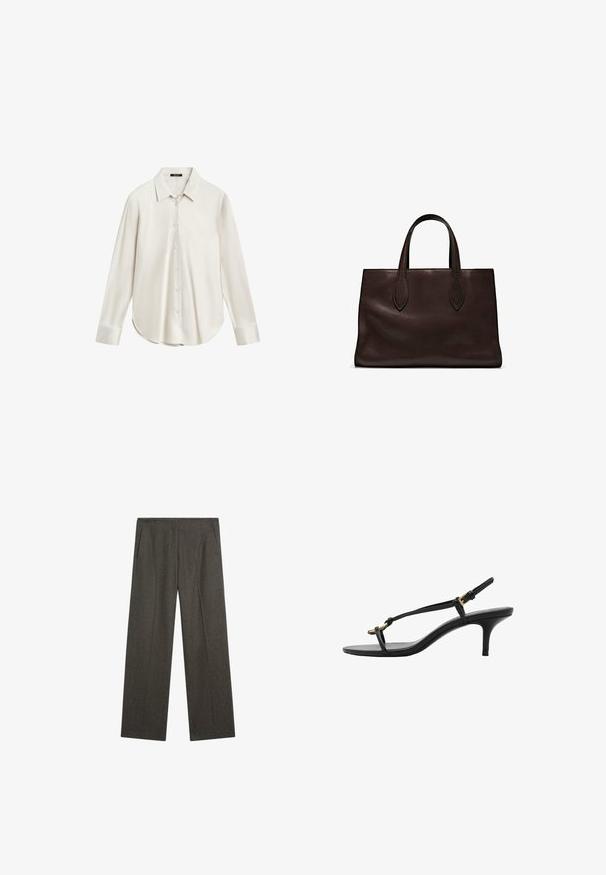 Bílá košile s dlouhým rukávem vyrobená z hladké látky, s klasickým límečkem, zapínáním na knoflíky a zakřiveným lemem. Jednoduchý design bez vzorů.; Tmavě šedé kalhoty s širokými nohavicemi vyrobené z texturované látky, s dvěma bočními kapsami a hladkým předním skladem. Jednoduchý, přizpůsobený design.; Černé kožené sandály na kotníkovém podpatku s tenkými pásky, zlatou sponou a minimalistickým provlečením na prstech na bílém pozadí.; Hnědá kožená taška přes rameno s dvěma dlouhými uchy, strukturální obdélníkový tvar, hladká textura a jemné švy.