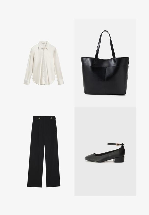 Vit långärmad skjorta i slät tyg med klassisk krage, knappframsidan och rundad nederkant. Enkel design utan mönster.; Svarta vida byxor med hög midja, knäppdetaljer i midjan och framfickor.; Svart läderpump med spetsig tå och en låg klack. Har en ankelsnodd med en guldtonad spänne. Slät textur.; Svart läder tote-väska med två långa handtag, en slät yta och en strukturerad form. Har en framficka för extra förvaring.