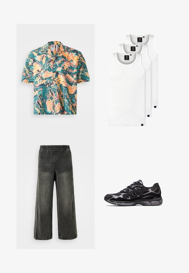 Koszula krótki rękaw w żywym tropikalnym wzorze z zielonymi, pomarańczowymi i żółtymi akcentami. Klasyczny kołnierzyk z zapięciem na guziki i luźny krój.; Trzy białe prążkowane koszulki na ramiączkach wykonane z bawełny. Posiadają okrągły dekolt i małe czarne metki blisko dolnego brzegu. Dostępne w różnych rozmiarach.; Czarne spodnie dżinsowe z efektem przetarcia, z elastycznym pasem i szerokimi nogawkami, z delikatnymi pionowymi szwami po bokach.; Czarny but sportowy z siateczkową i zamszową cholewką, wyróżniający się teksturowanym wzorem oraz solidną, amortyzującą szaro-skalą podeszwą.