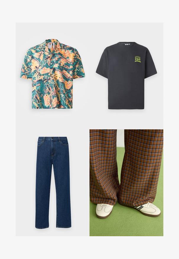 Kortermet skjorte i et livlig tropisk mønster med grønt, oransje og gult. Klassisk krage med knappefront og en avslappet passform.; Kullgrå Adidas t-skjorte med korte ermer og en liten neongrønn grafikk av høyttalere, sol og Adidas-logo på venstre bryst.; Mørkeblå rette jeans i denim med frontlommer og knappelukking, vist på en enkel hvit bakgrunn.; Brune og blå rutete vide bukser sammen med hvite sko med svarte detaljer og teksturerte såler, satt mot en grønn bakgrunn.