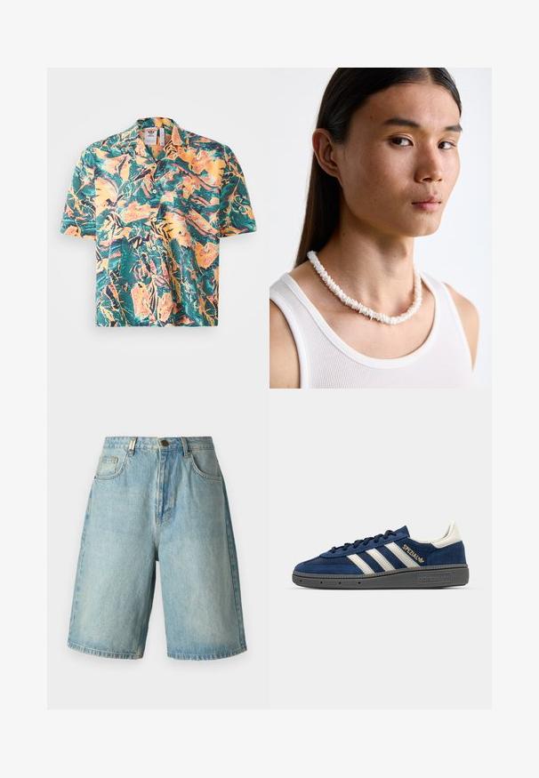 Krátky rukáv košele s živým tropickým vzorom, ktorý kombinujtie zelenú, oranžovú a žltú farbu. Klasický golier s gombíkovým zapínaním a voľný strih.; Svetložlté denimové šortky s voľným strihom, prednými vreckami, zapínaním na gombík a bledým umývaním so subtilnými efektami".; Námornícke semišové tenisky s bielymi pruhmi, zlatým detailom "Spezial", šedou textúrovanou podrážkou, zaoblenou špičkou a zladenými šnúrkami. Klasický dizajn.; Biele náhrdelník z mušlí pozostávajúci z nepravidelných tvarov, nosený cez priliehavé biele tielko. Hladký povrch s jemným leskom, tesne priliehajúce prevedenie.