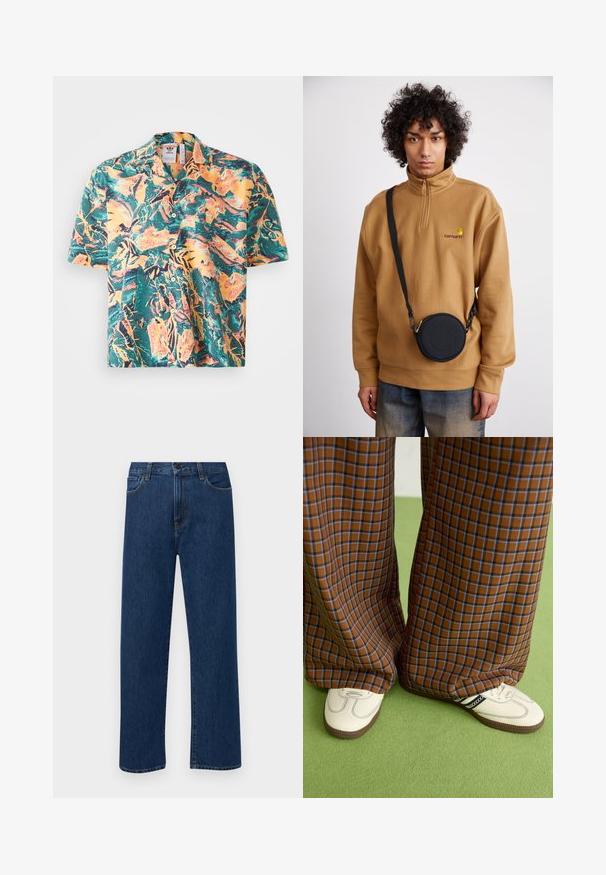 Korte mouwen shirt in een levendig tropisch patroon met groen, oranje en geel. Classic kraag met knoopsluiting en een ontspannen pasvorm.; Donkerblauwe rechte denim jeans met frontzakken en een knoopsluiting, weergegeven op een effen witte achtergrond.; Bruine en blauwe geruite wijde broek, gecombineerd met witte schoenen met zwarte accenten en een gestructureerde zool, gezet tegen een groene achtergrond.; Bruine fleece sweatshirt met kwart rits en geborduurd logo, met een zwarte ronde crossbody tas met rits en logo detail, gedragen over denim.