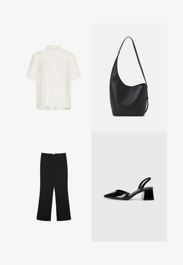Valkoinen lyhythihainen paita, joka on valmistettu teksturoidusta kankaasta. Paidassa on röyhelökaulus ja solmittava suljenta, jossa on nappeja edessä.; Mustat housut suoralinjaisella leikkauksella, joissa on etutaskut ja sivurei'ät helman alla. Valmistettu pehmeästä ja sileästä kankaasta. Sopii eri tilaisuuksiin.; Mustat patentoitu nahkakengät, joissa on säären takaosa ja terävä kärki, sekä geometrinen palikkakorko. Sisältää tyylikkään, minimalistisen muotoilun ja sileän pinnan.; Musta nahkainen hobo-laukku, jossa on sileä pinta, kaareva muoto ja yksi säädettävä olkahihna; sisäänkäynti on leveä ylhäältä.