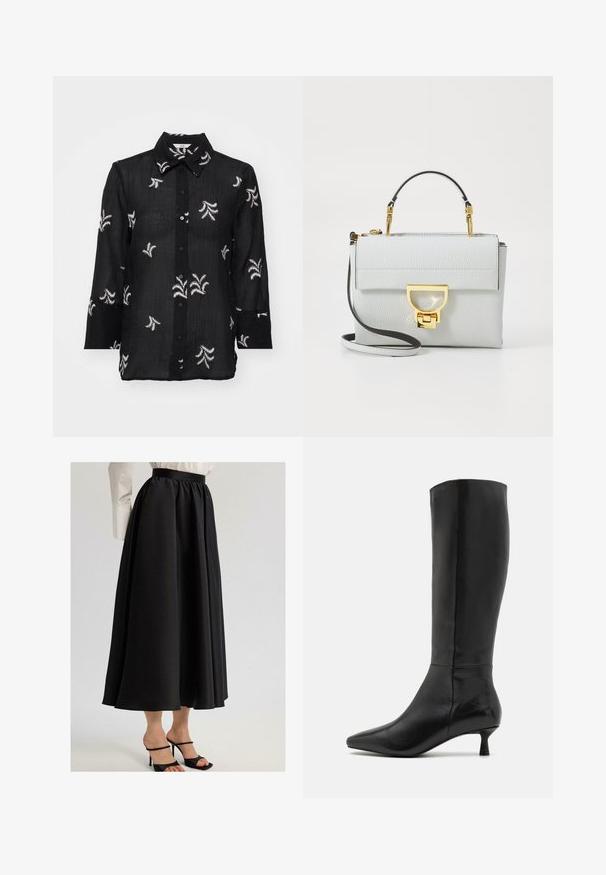 Zwart overhemddonker gemaakt van lichtgewicht stof, met witte geborduurde bloemdetails en een klassieke kraag. Lange mouwen met manchetafwerking.; Zwarte maxi-rok van gladde stof, met een geraffineerde tailleband en vloeiende uitstraling, gecombineerd met zwarte sandaaltjes met bandjes.; Zign Laarzen - black; Lichtgrijze gestructureerde handtas van nabij leer. Voorzien van een goudkleurige sluiting, een afneembare schouderriem en een korte handgreep.