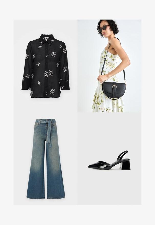 Cămașă neagră cu nasturi, confecționată dintr-un material ușor, având modele florale brodate în alb și un guler clasic. Mâneci lungi cu detalii la manșete.; Pantaloni din denim largi, cu un gradient de la albastru deschis la albastru închis, talie înaltă, bucle pentru curea și o curea din același material. Finisaj texturat din denim.; Pantofi cu toc slingback din piele lacuită neagră, cu vârf ascuțit și toc geometric. Prezintă un design elegant, minimalist și o textură netedă.; Geantă din piele neagră, cu o formă curbată, curea detașabilă și accesorii aurii. Geanta are un capac cu un detaliu tip cataramă.