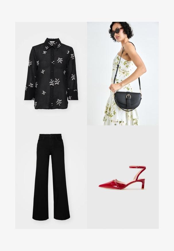 Fekete gombos ing, könnyű anyagból készült, fehér hímzett virágmintákkal és klasszikus gallérral. Hosszú ujjú, mandzsettával részletezve.; Fekete, bő szárú farmernadrág, amelynek állítható derékrésze van, övhurkokkal és elülső zsebekkel. Simaság jellemzi, klasszikus dizájnnal.; Piros lakkbőr magassarkú, hegyes orral, bokapánttal és alacsony tömbsarkal. Díszes csat részlet jellemzi.; Fekete bőrtáska ívelt formával, levehető pánttal és arany színű fémrészekkel. A táskán egy csattal díszített fedél található.