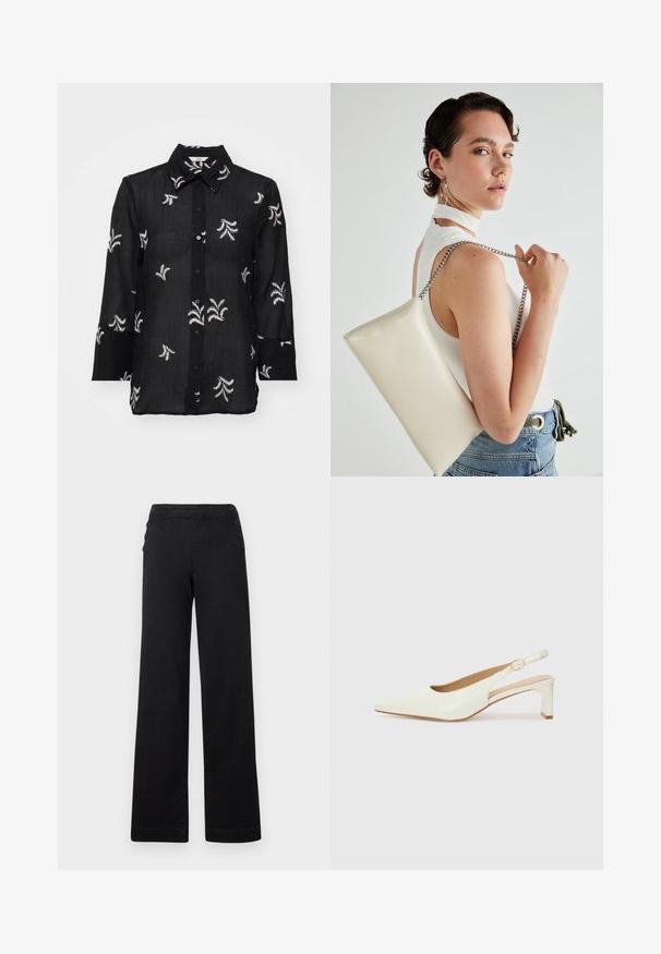 Svart skjorte med knappestemming laget av lett materiale, med hvite broderte blomsterdesign og klassisk krage. Lange ermer med mansjettdetaljer.; Svart vid bukse med høy midje, knappdetaljer på sidene og en glatt denimtekstur med en ren finish.; Hvit patentlær slingback-sko med spiss tå og lav blokkheel. Har en diskret stropp med detalj i gulltone.; Hvit rektangulær clutch-veske laget av blankt materiale, med en sølvkjede-stropp. Modellen poserer og viser vesken mot en ensfarget bakgrunn.