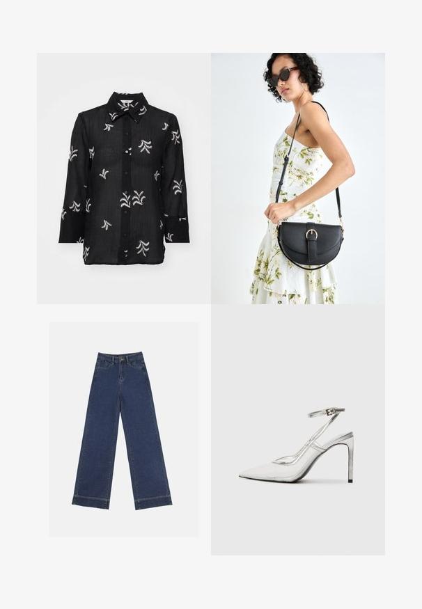 Cămașă neagră cu nasturi, confecționată dintr-un material ușor, având modele florale brodate în alb și un guler clasic. Mâneci lungi cu detalii la manșete.; Jeans evazați din denim albastru închis. Au cinci buzunare, bucle pentru curea și o margine brută la baza, cu detalii de coasere vizibile.; Pantofii cu toc stiletto clar, cu vârful ascuțit, material transparent, accente metalice argintii și curea ajustabilă pentru glezne.; Geantă din piele neagră, cu o formă curbată, curea detașabilă și accesorii aurii. Geanta are un capac cu un detaliu tip cataramă.