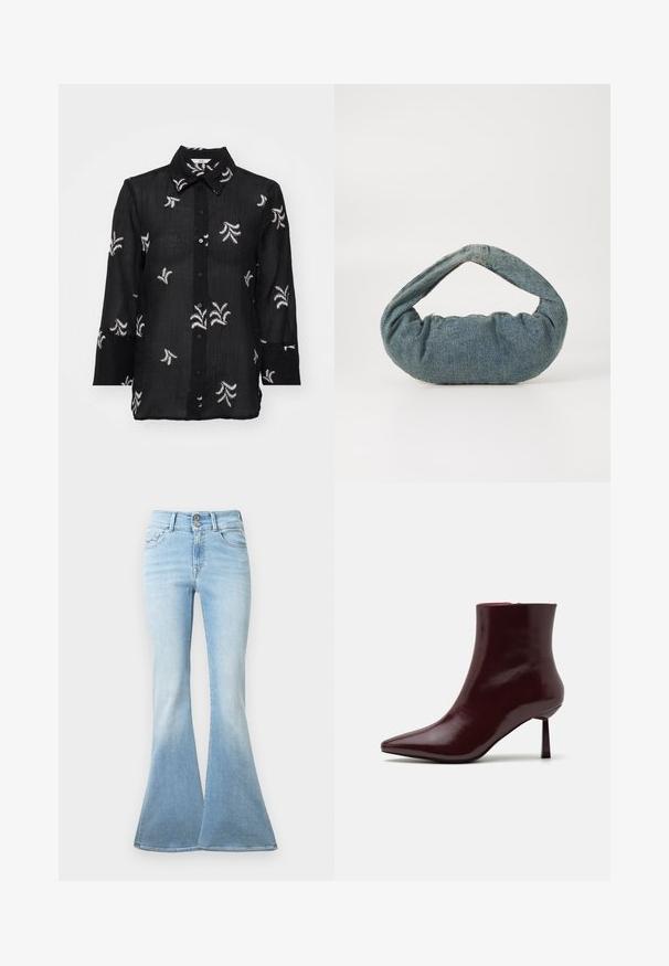 Camicia nera con bottoni realizzata in tessuto leggero, caratterizzata da motivi floreali ricamati bianchi e colletto classico. Maniche lunghe con dettagli sui polsini.; Jeans svasati di colore azzurro realizzati in denim. Presentano una vita alta con due bottoni e un leggero sbiadimento verso l'orlo. Design classico a cinque tasche.; Stivale alla caviglia in pelle laccata bordeaux con punta affusolata e tacco stiletto sottile, caratterizzato da una texture liscia e lucida e da un design minimalista.; Borsa in denim blu con una forma arrotondata e imbottita e una maniglia curva. La texture è morbida, con cuciture visibili e una finitura liscia.