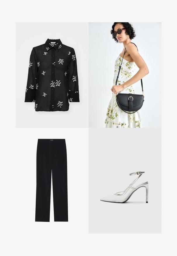 Čierna košela na gombíky z ľahkej látky, s bielymi vyšívanými kvetinovými vzormi a klasikou v podobe goliera. Dlhé rukávy s detailami na manžetách.; Čierne kordové nohavice so rovný strihom, s plochým pásom a bez viditeľných vreciek, hladkou textúrou a podrobnosťou vertikálneho ryhovania.; Priehľadná lodička na ihlovom podpätku s špicatou špičkou, transparentným materiálom, metalickými striebornými akcentmi a nastaviteľným remienkom okolo členka.; Čierna kožená kabelka s zaobleným tvarom, odnímateľným popruhom a zlatými doplnkami. Kabelka má klopu s detailom s prackou.