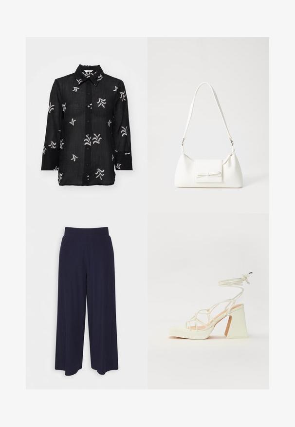 Cămașă neagră cu nasturi, confecționată dintr-un material ușor, având modele florale brodate în alb și un guler clasic. Mâneci lungi cu detalii la manșete.; Pantaloni cu croi larg din țesătură de culoare bleumarin închis, cu un model texturat. Prezintă un brâu neted și o siluetă fluidă, ajungând până la jumătatea gambei.; Sandale albe cu toc înalt și gros, cu un design cu curele și legătură la gleznă. Textură netedă, cu o platformă frontală pentru înălțime suplimentară.; Geantă sintetică albă, cu formă triangulară, capac frontal plat și detaliu cu fundă, curea ajustabilă, textură netedă și design minimalist.