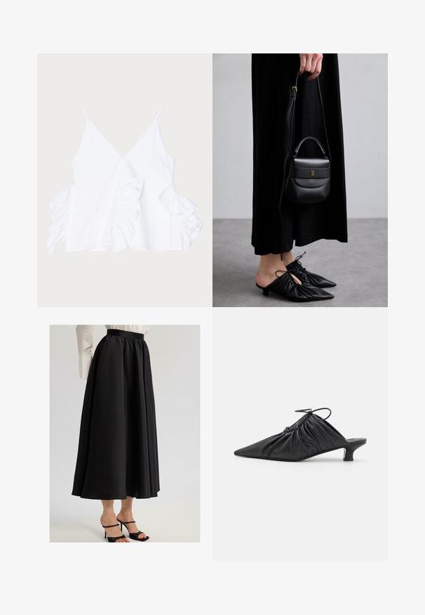 White sleeveless top featuring a deep V-neckline and ruffled accents on both sides, made of smooth fabric with a clean finish.; Black maxi skirt made of smooth fabric, featuring a gathered waistband and flowing design, paired with black strappy heels.; Black leather slip-on mules with a pointed toe, gathered texture, and a small kitten heel. Features a drawstring detail at the opening.; Small black leather handbag with a rounded shape, top handle, and removable strap. Worn with black fabric dress and black pleated shoes.; Gold-tone rectangular wristwatch with a white dial, silver-tone hour markers, and a durable metal link bracelet. Water-resistant feature included.; Gold-tone hoop earrings featuring two intertwined circular shapes, smooth finish, and a stud back closure for secure wear.