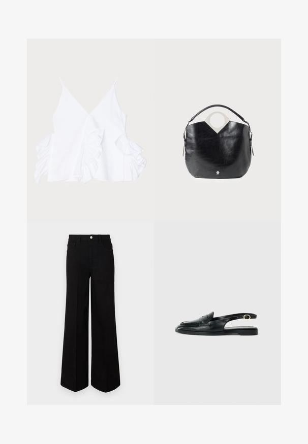 White sleeveless top featuring a deep V-neckline and ruffled accents on both sides, made of smooth fabric with a clean finish.; Black wide-leg jeans made of sturdy fabric, featuring a high waist, front pockets, and a front button closure. Flat hem at the bottom.; Black leather slingback shoe with a rounded toe, flat sole, side cutout, and strap featuring a gold-tone hardware detail.; Black leather bag with a curved shape, circular top handle, and silver logo detail. Smooth texture and notable cut-out design feature.