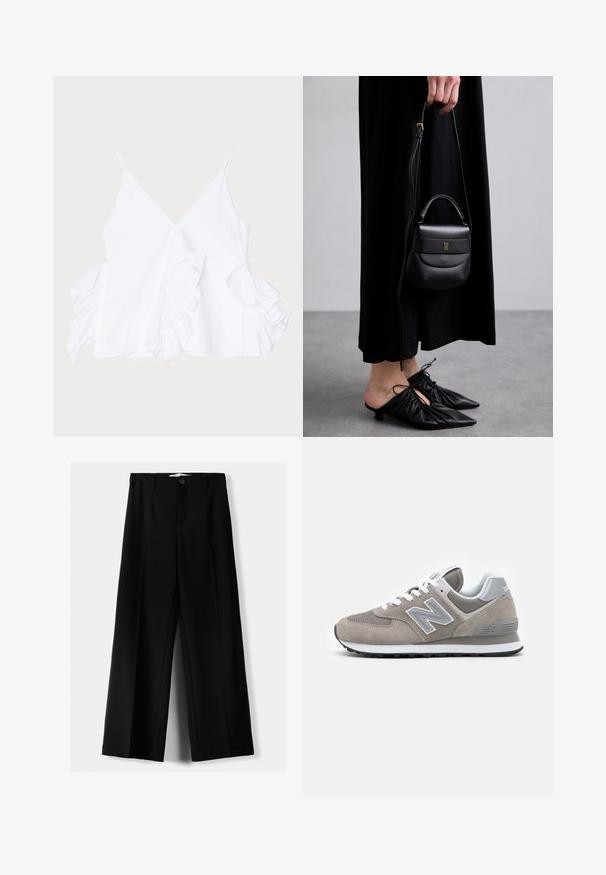 Witte mouwloze top met een diepe V-halslijn en ruches aan beide zijden, gemaakt van gladde stof met een nette afwerking.; Zwarte wijde broek van lichtgewicht stof, met een knoopsluiting aan de voorkant en een vlakke achterkant, afgewerkt met keurig gestikte zoom.; Grijze sneaker met een bovenwerk van mesh en suede, voorzien van een opvallend lichtgrijs "N"-logo, witte veters en een zwarte rubberen zool.; Kleine zwarte leren handtas met een ronde vorm, bovenhandvat en verwijderbare schouderband. Draagt bij een zwart stoffen jurk en zwarte geplooide schoenen.