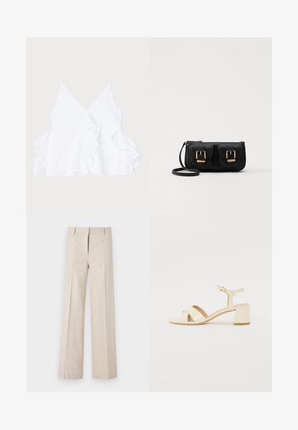 White sleeveless top featuring a deep V-neckline and ruffled accents on both sides, made of smooth fabric with a clean finish.; Beige wide-leg trousers in lightweight fabric, featuring a smooth texture and clean front pleats. The waistband is tailored with belt loops.; Beige patent leather heeled sandals with cross strap design, open toe, adjustable ankle strap, and a block heel. Smooth texture.; Black leather crossbody bag with two front pockets, gold buckles, zipper closure, and a slim strap. Textured surface and compact rectangular shape.