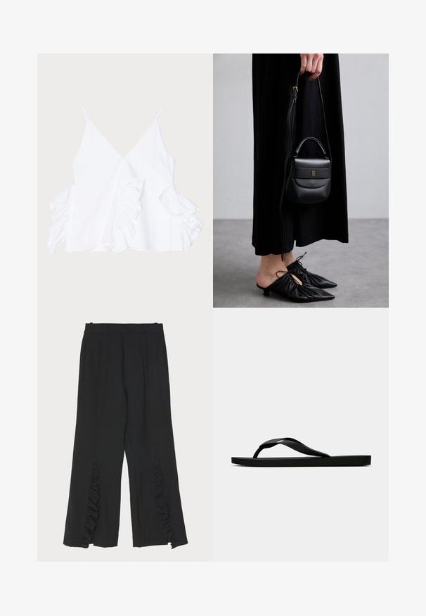 Haut sans manches blanc avec un décolleté en V profond et des accents froncés de chaque côté, fabriqué dans un tissu lisse avec une finition soignée.; Pantalons noirs au design à jambe large, avec des accents volants sur les coutures latérales et une taille plate. Texture de tissu lisse, coupe ajustée.; Tong sandale en caoutchouc noir avec une bride en T texturée et une semelle plate simple, montrée de côté sur un fond clair.; Petite sac à main en cuir noir de forme arrondie, avec une poignée supérieure et une bandoulière amovible. Porté avec une robe en tissu noir et des chaussures plissées noires.
