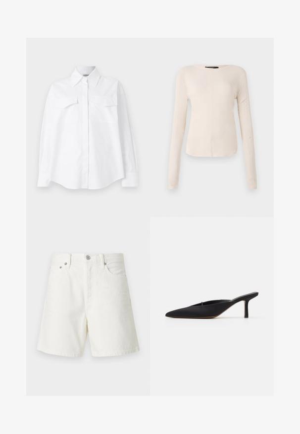 White long-sleeve shirt with a classic collar, two front pockets, and a relaxed fit. Crafted from cotton, featuring a smooth texture.; Long-sleeve, light beige top with a round neckline. Made of soft fabric, features a central seam and slightly curved hem. No visible hardware.; White denim shorts with a straight cut, five-pocket design, front button closure, silver hardware, and stitched detailing.; Black pointed-toe mule with a sleek design, made of smooth fabric, featuring a slender heel and open back for easy wear.