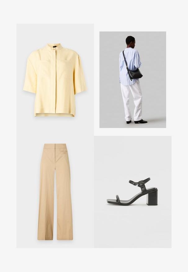 Short-sleeve yellow blouse with a mandarin collar, featuring two front pockets and a smooth texture. Clean, minimal design.; Beige wide-leg pants made of cotton blend fabric. Features a smooth texture, elastic waistband, and a side button detail.; Black leather block-heeled sandal with a wide strap across the toe and an adjustable ankle strap, featuring a sleek, minimalist design.; Black leather shoulder bag with a soft texture, triangular shape, and adjustable strap, paired with a light blue striped shirt and white pants.