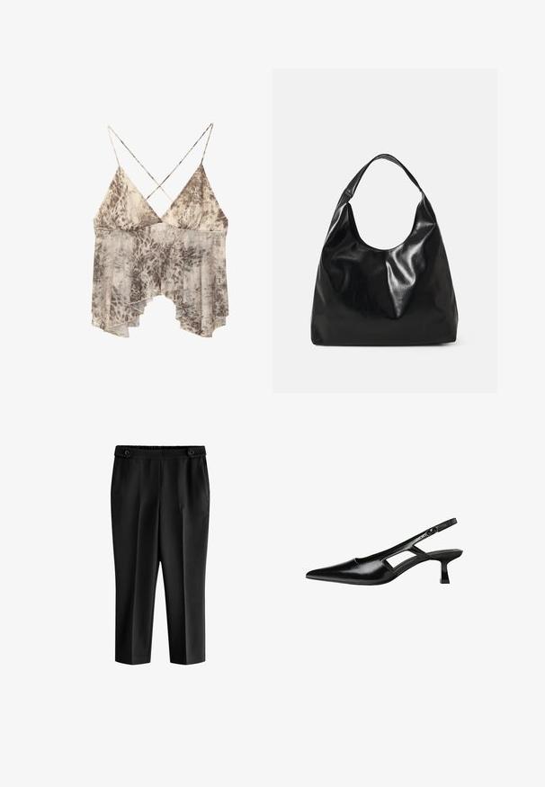 Flowy sleeveless top with beige and brown abstract print, deep V-neck, and thin crossed straps at the back.; Black cropped trousers with a relaxed fit, elastic waistband, and two front pockets. Fabric has a smooth texture with a slightly shiny finish.; Black patent leather slingback heels with a pointed toe, cut-out side design, and a small square heel. Smooth texture with minimal accents.; Black leather hobo bag with a soft, shiny texture and a rounded, open top. Features a wide, curved strap for carrying. No visible hardware.