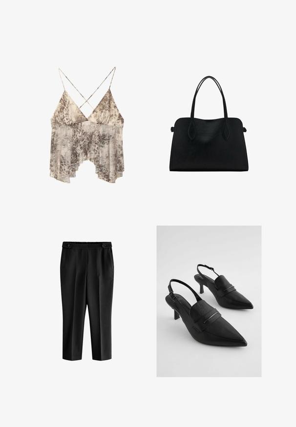 Flowy sleeveless top with beige and brown abstract print, deep V-neck, and thin crossed straps at the back.; Black cropped trousers with a relaxed fit, elastic waistband, and two front pockets. Fabric has a smooth texture with a slightly shiny finish.; Black leather slingback heels with pointed toes, featuring a wide front strap and silver-tone hardware accent. Textured finish, medium heel.; Black leather handbag with dual shoulder straps, rectangular shape, and minimalistic design on a white background.