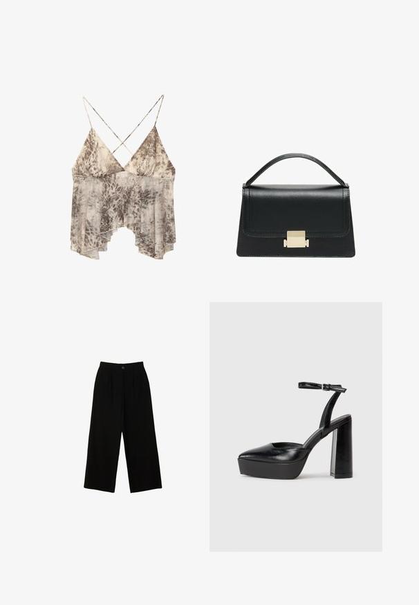 Lehký bezrukávový top s béžovým a hnědým abstraktním potiskem, hlubokým V výstřihem a tenkými kříženými ramínky na zádech.; Černé široké kalhoty vyrobené z hladkého materiálu, s vysokým pasem, předními sklady a jedním zapínáním na knoflík.; Černé platformové podpatky s špičatou špičkou a nastavitelným kotníkovým popruhem. Vyrobeny z hladké kůže, s masivním blokovým podpatkem.; Černá kožená kabelka se strukturovaným designem, horním uchopením a zlatým kovovým zapínáním na přední straně. Hladký povrch, minimální švy.