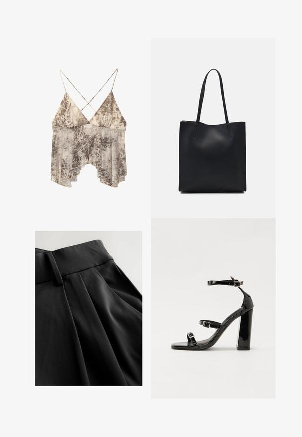 Värikäs hihaton paita, jossa on beige ja ruskea abstrakti kuvio, syvä V-kaula-aukko ja ohuet ristissä olettavat hihnat takana.; Mustat housut, joissa on sileä ja kevyt materiaali, muotoiltu vyötärö sekä laskostettu etuosa, korostaen jäsenneltyä siluettia.; Musta kiiltävä korkokenkä sandaalit neliönmuotoisella varpaalla, nilkkaremmillä ja hopeisilla soljilla. Varustettu tukevalla lohkokorkealla vakauden takaamiseksi.; Mustapahkainen kangaskassi, jossa on sileä pinta, suorakaiteen muotoinen ja kaksi pitkää kahvaa. Ei näkyvää metalliosaa tai koristeita.