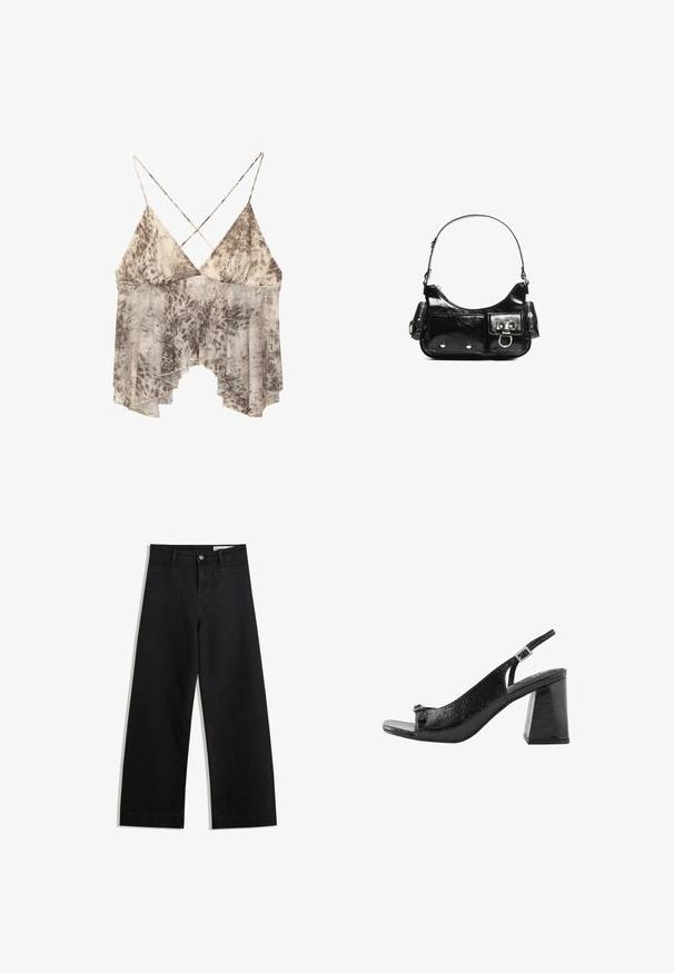 Top fluid fără mâneci, cu imprimeu abstract bej și maro, decolteu adânc în V și bretele subțiri încrucișate la spate.; Pantaloni din denim negri cu picioare largi, cu talie înaltă, având buzunare frontale și posterioare, cusături dublate și închidere cu nasture. Textură netedă.; Next Sandale - black; Geantă de mână din piele lăcuită neagră, cu o formă curbată, un umăr, buzunare frontale și accente din metal argintiu.