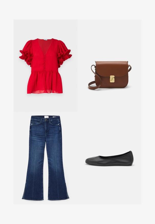Rote strukturierte Bluse mit tiefem V-Ausschnitt, Knopfdetails auf der Vorderseite und kurzen, rüschenbesetzten Ärmeln. Peplum-Stil Saum.; Dunkelblaue, ausgestellte Jeans aus Denim. Mit hoher Taille, vorderen Taschen und Schlitzen am Saum. Klassisches Fünf-Taschen-Design.; Schwarze Leder-Ballettschuhe mit abgerundeter Spitze, glatter Textur, minimalen Nähdetails und einem flexiblen Sohlen-Design.; Braune Ledertasche mit Klappenverschluss, Beschlägen in Goldfarbe, einem Schultergurt und einer glatten Oberfläche. Kompakte rechteckige Form.