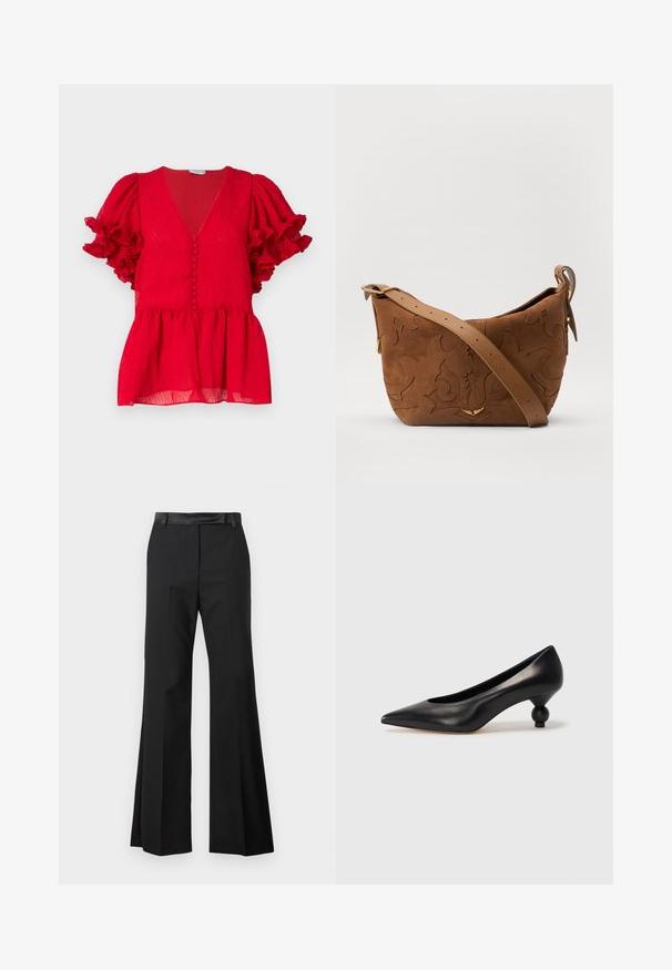 Punane tekstureeritud pluus, millel on sügav V-kaelus, nööpidetailid ees ja lainelised lühikesed varrukad. Peplum stiilis allosa.; Mustad laiad püksid siledast kangast viimistlusega, millel on kindel vööpoolsus ja pressitud kortsud, et saavutada kvaliteetne välimus.; Must musta kõrge kontsaga king, millel on terav nina ja ümar, pallikujuline konts. Sile pind ja elegantne, minimalistlik disain.; Pruun sametist õlavarre kott, millel on reljeefne lillemuster, mida täiendab sile pruun nahast rihm ja kuldse tooni lisandid.