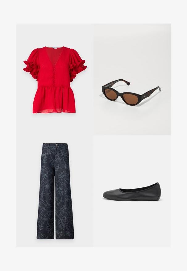 Blusa rossa strutturata con scollatura a V profonda, dettagli con bottoni sulla parte anteriore e maniche corte a volant. Orlo in stile peplum.; Pantaloni larghi in denim scuro con un motivo floreale ricamato in azzurro. Design classico a cinque tasche con chiusura frontale a bottone.; Pantofole da balletto nere in pelle con punta arrotondata, texture liscia, dettagli di cucitura minimi e design con suola flessibile.; Occhiali da sole tartarugati neri con lenti marroni, design angolare e aste larghe con un discreto logo. Texture in plastica liscia.