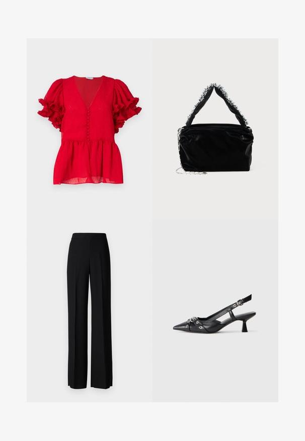 Sarkans teksturēts tops ar dziļu V-veida kakla izgriezumu, pogu apdari priekšpusē un krokotām īsām piedurknēm. Pepluma stila apakšdaļa.; Melni platleği bikses ar gludu tekstūru, ar augstu jostasvietu un centrālajām krokām. Nav redzamu rakstu vai aparatūras detaļu.; Melnas ādas šlipsveida kurpes ar norādītu purngalu, dekoratīvām joslām ar metāla acīm un zemu bloku papēdi. Teksturēta virsma.; Melnā mākslīgās ādas rokassomu ar teksturētu apdari, kas piedāvā pērlītēm rotātu sudraba akcentu augšējā rokturī un ķēdes siksnu.