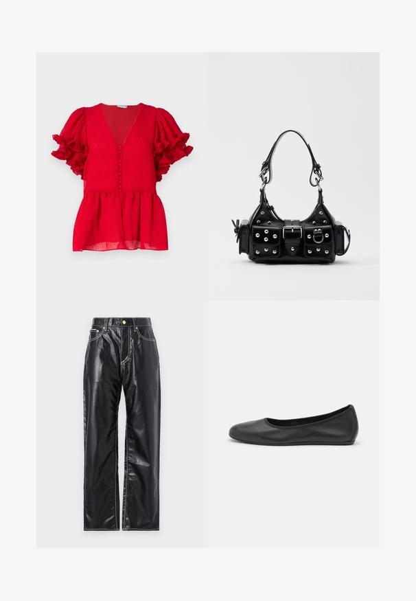 Vörös textúrájú blúz mély V-nyakkal, gombos részletekkel az elülső részen és fodros rövid ujjak. Peplum stílusú alsó rész.; Fekete műbőr nadrág széles lábbetéttel, fehér varrással, elülső zsebekkel és arany gombbal a derekán.; Fekete bőr balettcipő lekerekített orral, sima tekstúrával, minimális varrással és rugalmas talp kialakítással.; Fekete bőr kézitáska ívelt designnal, ezüst szegecsekkel, csattal és két oldalsó zsebbel. Állítható vállpánt a hordozási lehetőségekhez.