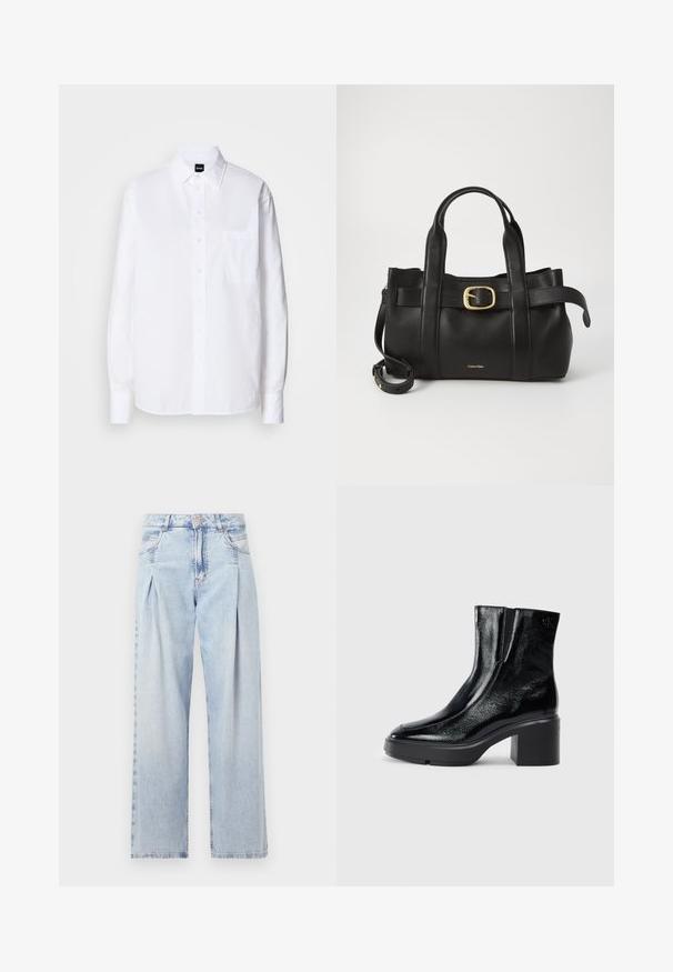Fehér, pamut anyagú, klasszikus gallérral készült ing, hosszú ujjakkal, mellzsebbel és sima, ropogós textúrával.; Világoskék farmernadrág magas derekú, bő szabású, két oldalsó zsebbel és pliszírozott dizájnnal. Puha tapintású, elhalványított felület.; Fekete lakkbőr bokacsizma ívelt orral, elasztikus oldalpanelek és vastag blokk sarkal. A hátsó részen dombornyomott logó található.; Fekete bőr kézitáska, amely strukturált kialakítással rendelkezik, dupla felső fogantyúval, arany tónusú csattal és a márka dombornyomott logójával az elején.