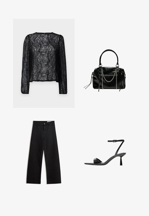 Blusa nera in pizzo a maniche lunghe con motivo floreale, scollo rotondo e vestibilità leggermente ampia con polsini elasticizzati.; Pantaloni in denim neri a gamba larga con vita alta, dotati di tasche anteriori e posteriori, cuciture a punto, e chiusura con bottone. Texture liscia.; Bershka Sandali con tacco - black; Bershka WITH CHAIN - Borsa a mano - black