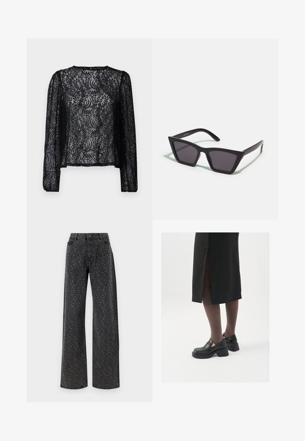 Black lace long-sleeve blouse featuring a floral pattern, round neckline, and slightly loose fit with elasticated cuffs.; Noisy May NMJANNEL LOOSE - Relaxed fit jeans - black denim; Black leather shoes with a rounded toe, thick block heel, and elastic side accents, paired with dark tights and a black skirt with a slit.; Black, angular sunglasses with gray lenses; made of plastic, featuring thick arms with a smooth surface and no visible hardware.