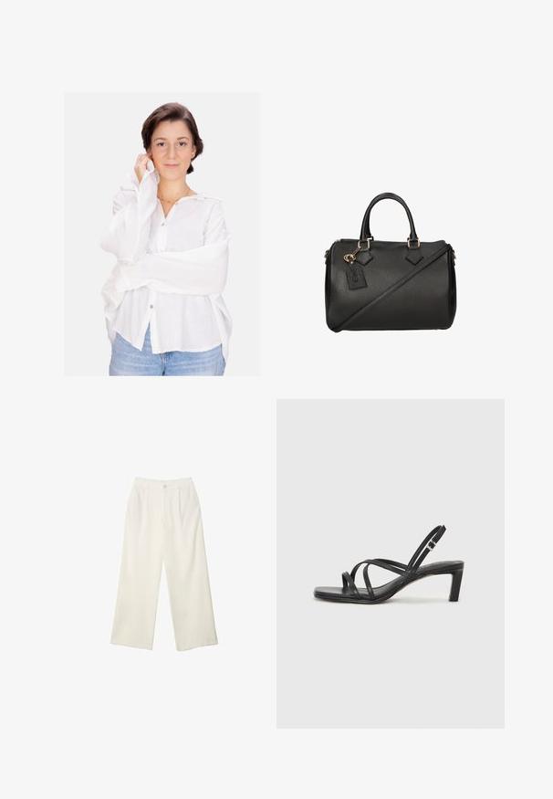 Weißes, strukturiertes Hemd mit langen Ärmeln und leicht übergroßer Passform; getragen mit blauen Jeans. Einfaches, Kragen-Design und neutrale Farbe.; Weißes ärmelloses Top mit rundem Ausschnitt. Hergestellt aus glattem Stoff, hat es einen lässigen Schnitt und minimalistisches Design. Keine Muster oder Akzente.; Helle Stoffhose mit weitem Bein und glatter Textur, ausgestattet mit einem einzelnen Knopf vorne, dezenten Falten und einem Hochbund-Design.; Schwarze Sandale mit Riemchen, quadratischer Zehenform und niedrigem Blockabsatz. Verfügt über mehrere dünne Riemen und einen verstellbaren Knöchelriemen. Hergestellt aus glattem Leder.; Schwarze Lederhandtasche mit strukturiertem Finish, doppelten oberen Griffen, einem abnehmbaren Schulterriemen und hardware-Akzenten in Goldfarbe.
