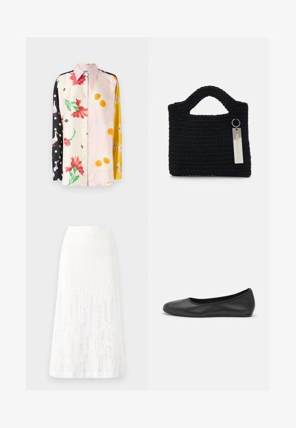 Värikäs napillinen paita, jossa on kukka- ja ruokateemoja; materiaalina silkki. Mustia pilkkuja yhdessä hihassa; keltaisia kukka-aksetteja.; Neule valkoinen midimittainen hame, jossa on teksturoitu kuvio, jossa on pystysuoria viivoja ja aukkoja helmassa. Joustava vyötärö. Pehmeä materiaali.; Musta nahkainen ballerina, jossa on pyöristetty kärki, sileä pinta, minimaalinen ommelkoristelu ja joustava pohjamuotoilu.; Won Hundred MARSIELLE COMPUTER BAG UNISEX - Tietokonelaukku - black