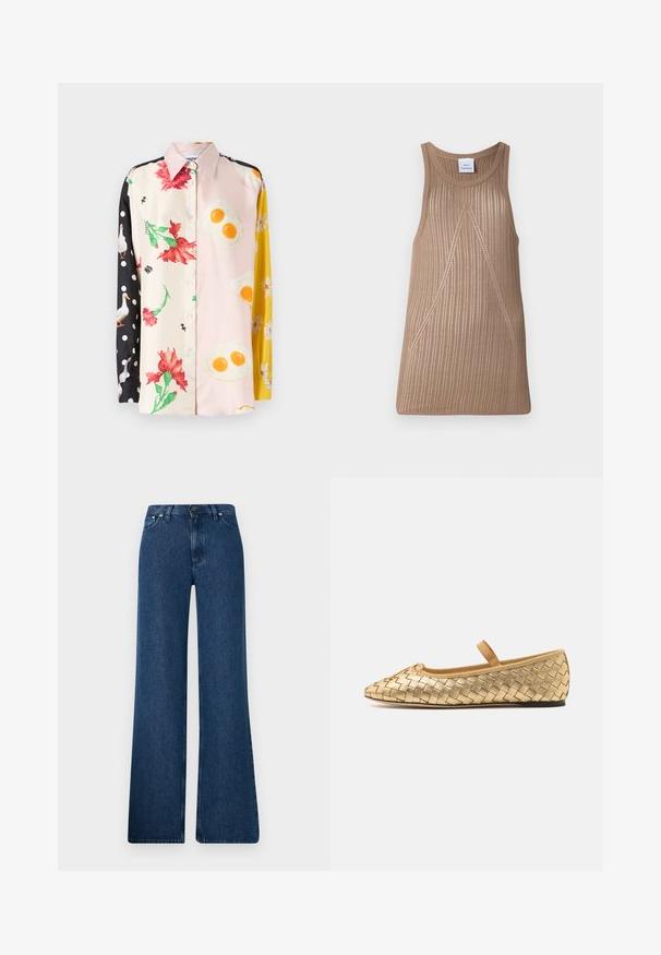 Farebná košeľa na gombíky s kvetinovými a jedlými vzormi; materiály zahŕňajú hodváb. Čierne bodky na jednom rukáve; žlté kvetinové akcenty.; Bežový, bezrukávový pletený top s rebrovanou textúrou, majúci A-linie tvar a jemné diagonálne švy.; Modré denimové zvonové nohavice s vysokým pásom, dizajnom s piatimi vreckami a kovovým zapínaním. Hladká textúra, voľný štýl a minimálne švy.; Loeffler Randall LEONIE SOFT BALLET FLAT - Balerínky s remienkom okolo členku - gold