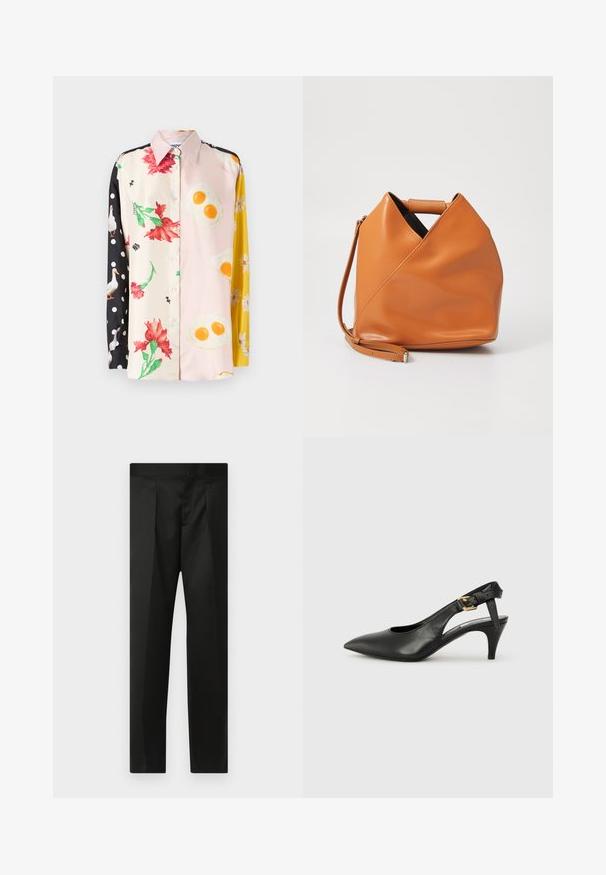 Spalvota mygtukinė palaidinė su gėlių ir maisto raštais; medžiaga - šilkas. Juodi taškeliai ant vienos rankovės; geltoni gėlių akcentai.; Juodos kelnės su lygiu audiniu, pritaikytu dizainu, tiesiomis kojomis ir plokščiu juosmeniu be matomų užsegimų ar kišenių.; Juodas odinis slingback kelnaitė su smailiu pirštu, mažu kulnu ir sagtimi ant kulkšnies dirželio. Lygus paviršius, minimalus dizainas.; Tan spalvos odinė rankinė su unikaliu trikampio formos lankstymo dizainu, viršutine rankena ir nuimamu peties diržu ant balto fono.