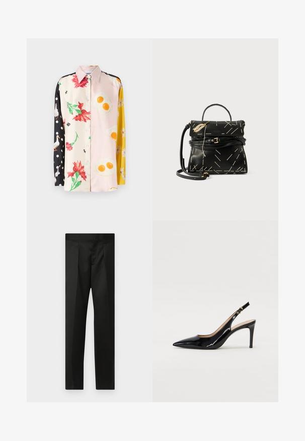 Camicia button-up colorata con motivi floreali e alimentari; i materiali includono seta. Pois neri su una manica; accenti floreali gialli.; Pantaloni neri realizzati in un tessuto morbido, design su misura, gambe dritte e una vita piatta senza chiusure o tasche visibili.; Pumps slingback in pelle verniciata nera con punta affilata, tacco sottile e un design con ritagli delicati. Caratterizzate da una fibbia dorata sul cinturino.; Borsetta in pelle nera con cucitura geometrica bianca, manico superiore e tracolla staccabile. Caratterizzata da dettagli dorati e chiusura con zip.